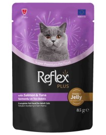 Reflex Plus Jöle İçinde Et Parçacıklı Somonlu ve Ton Balıklı Yetişkin Kedi Konservesi 85gr