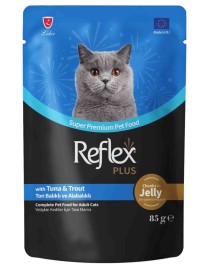 Reflex Plus Jöle İçinde Et Parçacıklı Ton Balıklı ve Alabalıklı Yetişkin Kedi Konservesi 85gr