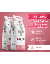 Toi Moi 2'li Avantaj Paketi Tozsuz, Topaklanan, Emiciliği Yüksek Bebek Pudralı Bentonit Kedi Kumu 2x10Kg